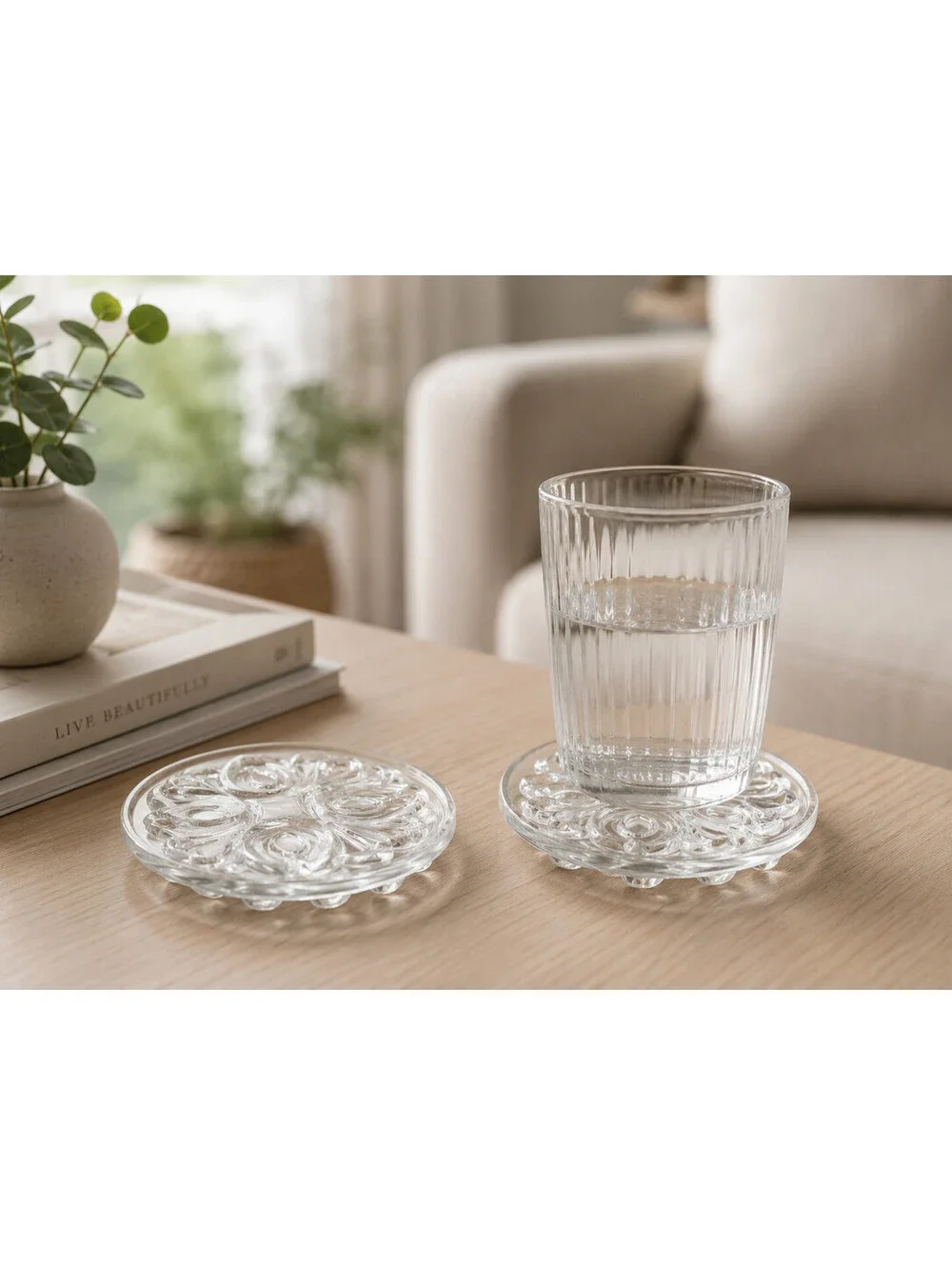 Pair Clear Pressed Glass Round Candle Holders Coasters Raised Floral Scroll